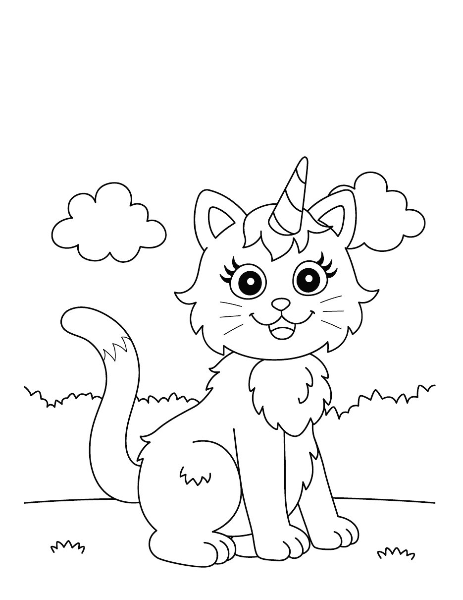 Katzen-Ausmalbild Einhorn-Katze auf der Wiese